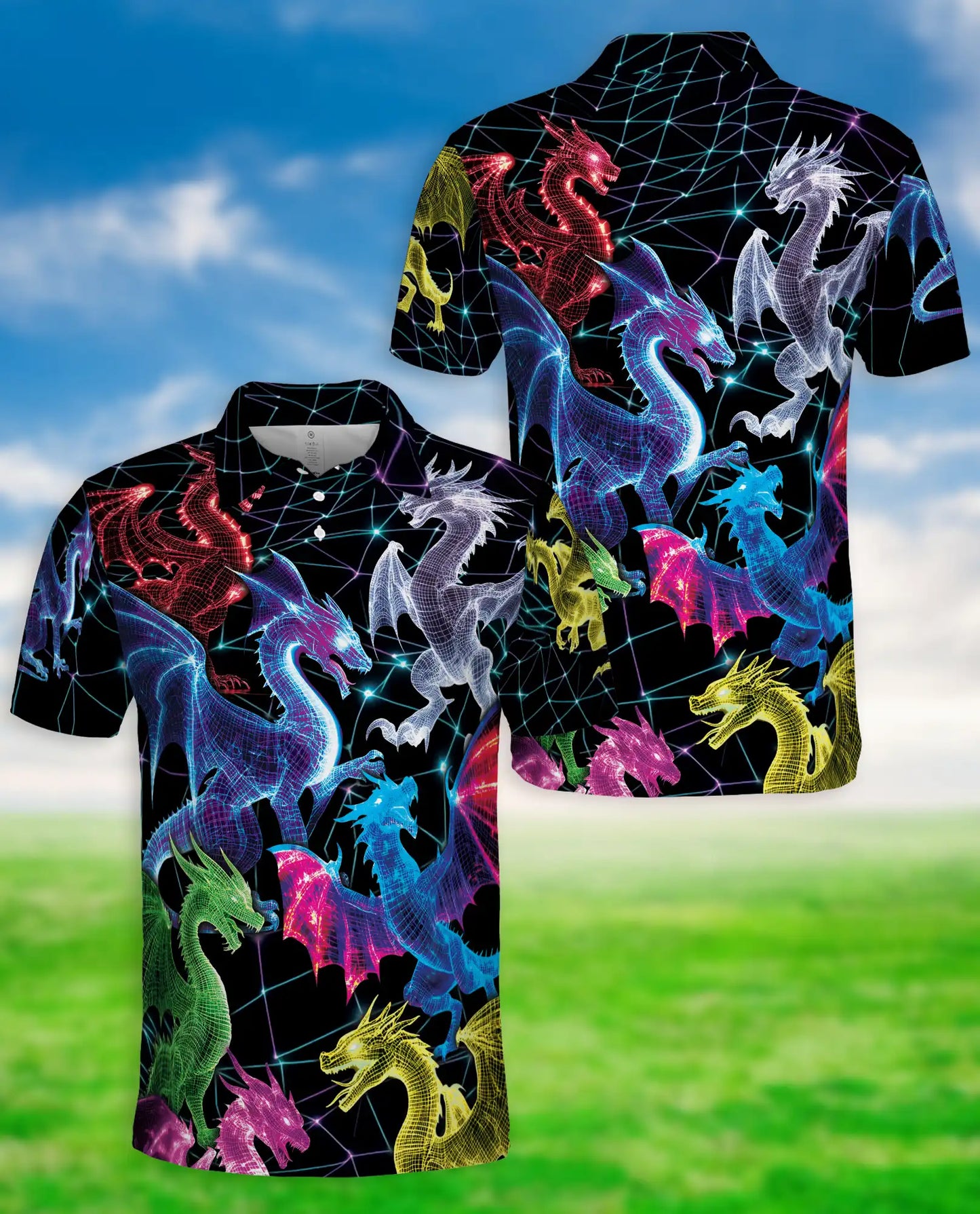 Neon Cyber Dragon 3D Polo Shirt for Men, Futuristic Fantasy Creature Style | Azhawaiian