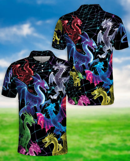 Neon Cyber Dragon 3D Polo Shirt for Men, Futuristic Fantasy Creature Style | Azhawaiian