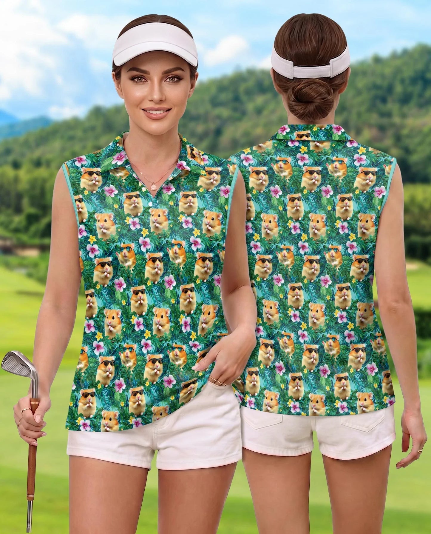 Hamster Tropical Sleeveless Polo Shirt for Women