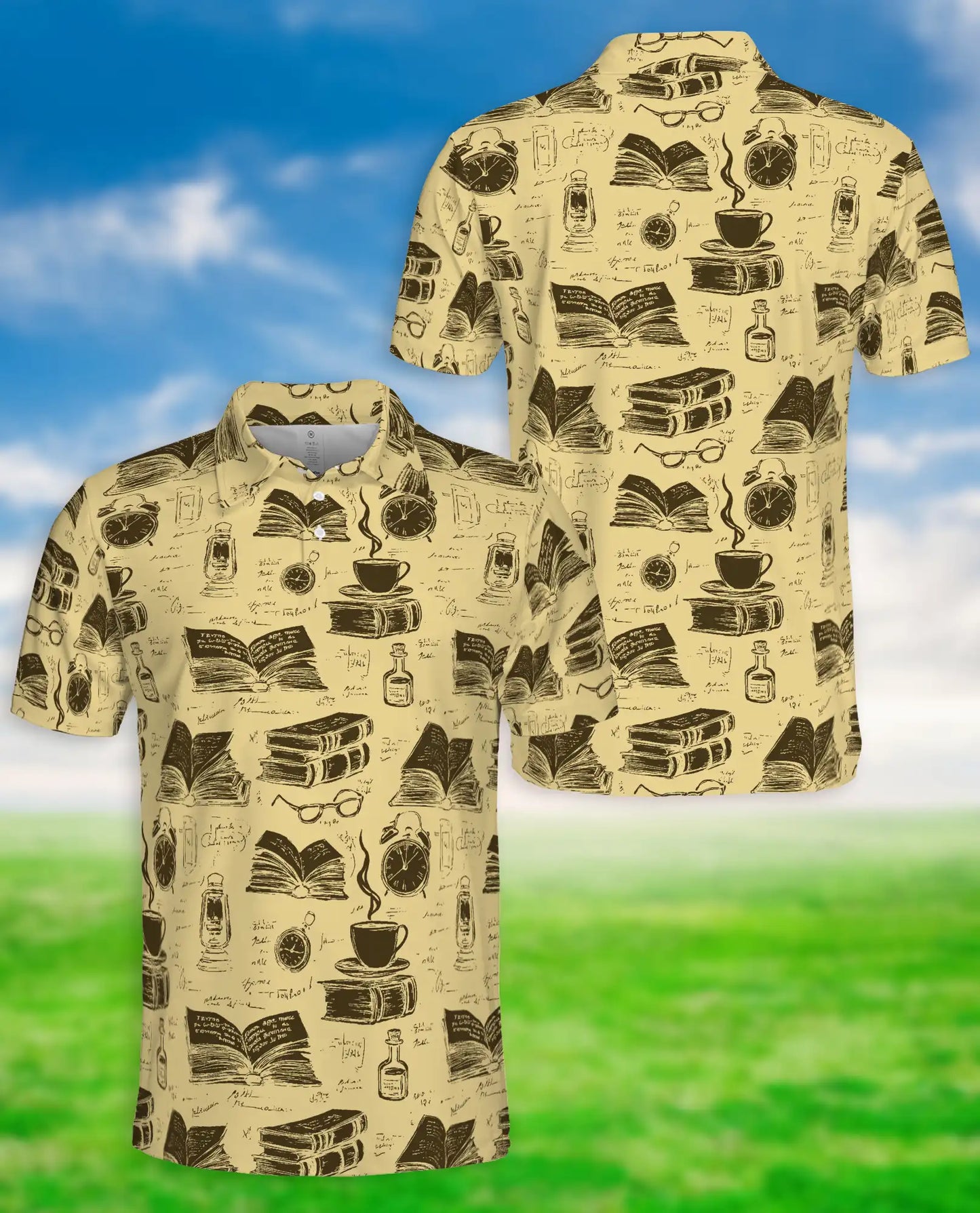 Vintage Library 3D Polo Shirt for Men, Retro Book Lover Academic Style | Azhawaiian