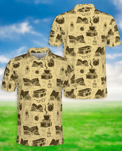 Vintage Library 3D Polo Shirt for Men, Retro Book Lover Academic Style | Azhawaiian