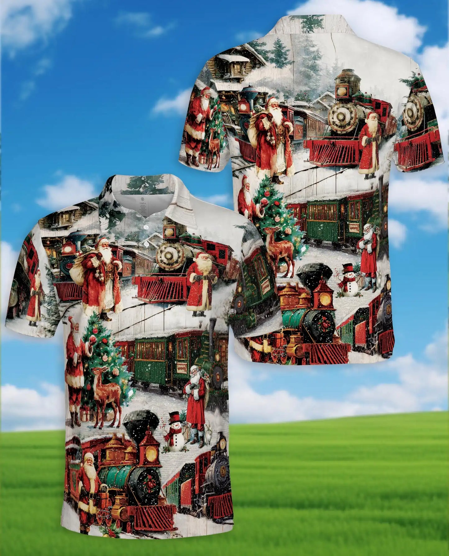 Santa Christmas Train Polo Shirt, Vintage Holiday Shirt | Azhawaiian