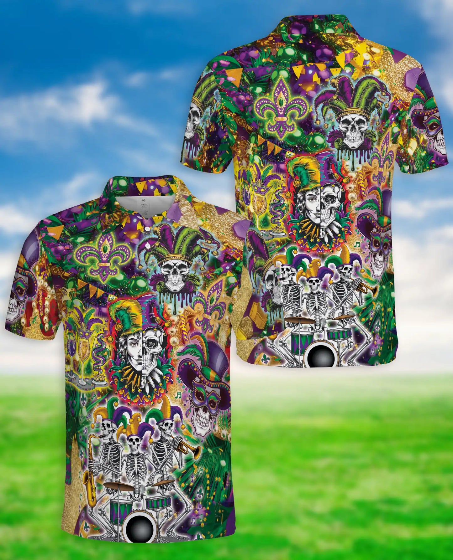 Mardi Gras Skull Jester Hawaiian Polo Shirt | Azhawaiian