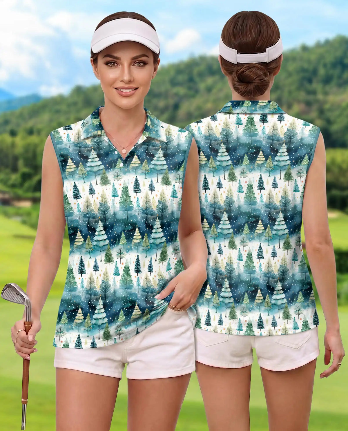 Christmas Tree Sleeveless Polo Shirt for Women, Festive Holiday Style