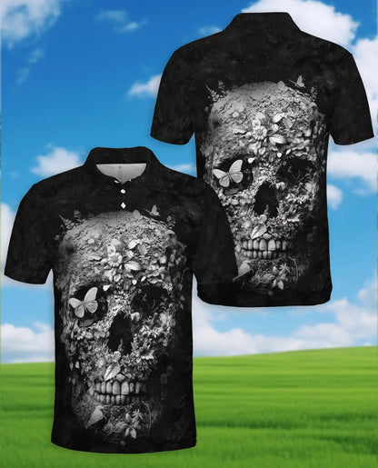 Floral Skull Gothic Polo Shirt, Dark Botanical Style | Azhawaiian