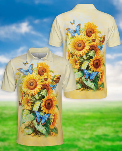 Sunflower Butterfly Polo Shirt, Floral Summer Style | Azhawaiian