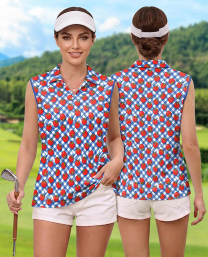 Tomato Gingham Pattern Sleeveless Polo Shirt for Women | Azhawaiian