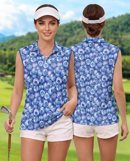 Blueberry Pattern Sleeveless Polo Shirt for Women, Fresh Fruit Summer Style | Azhawaiian