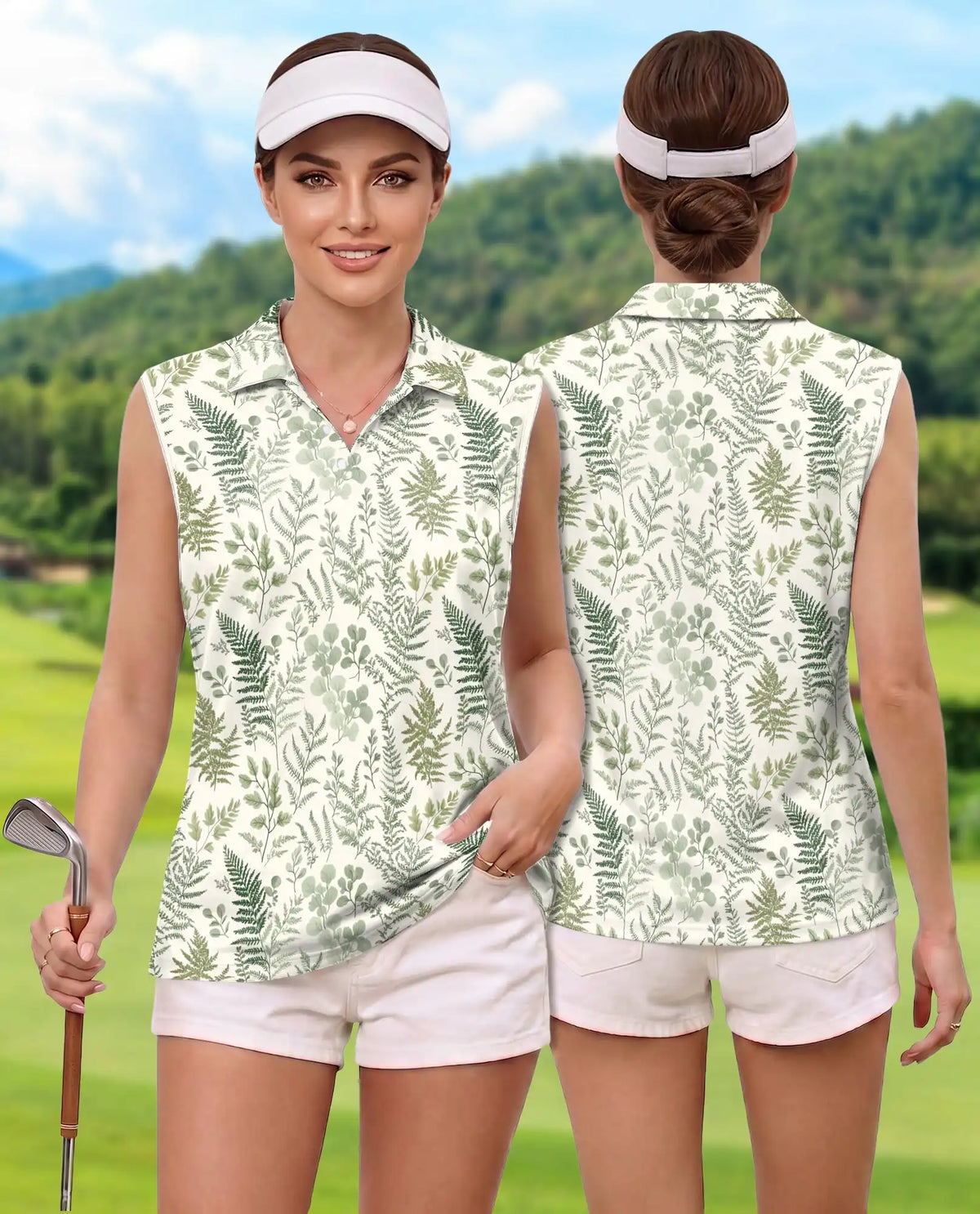 Fern Leaf Pattern Sleeveless Polo Shirt for Women, Botanical Nature Style