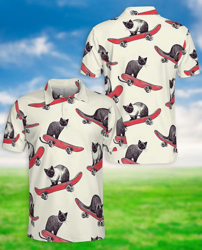 Skateboarding Cat Polo Shirt, Funny Cat Print | Azhawaiian