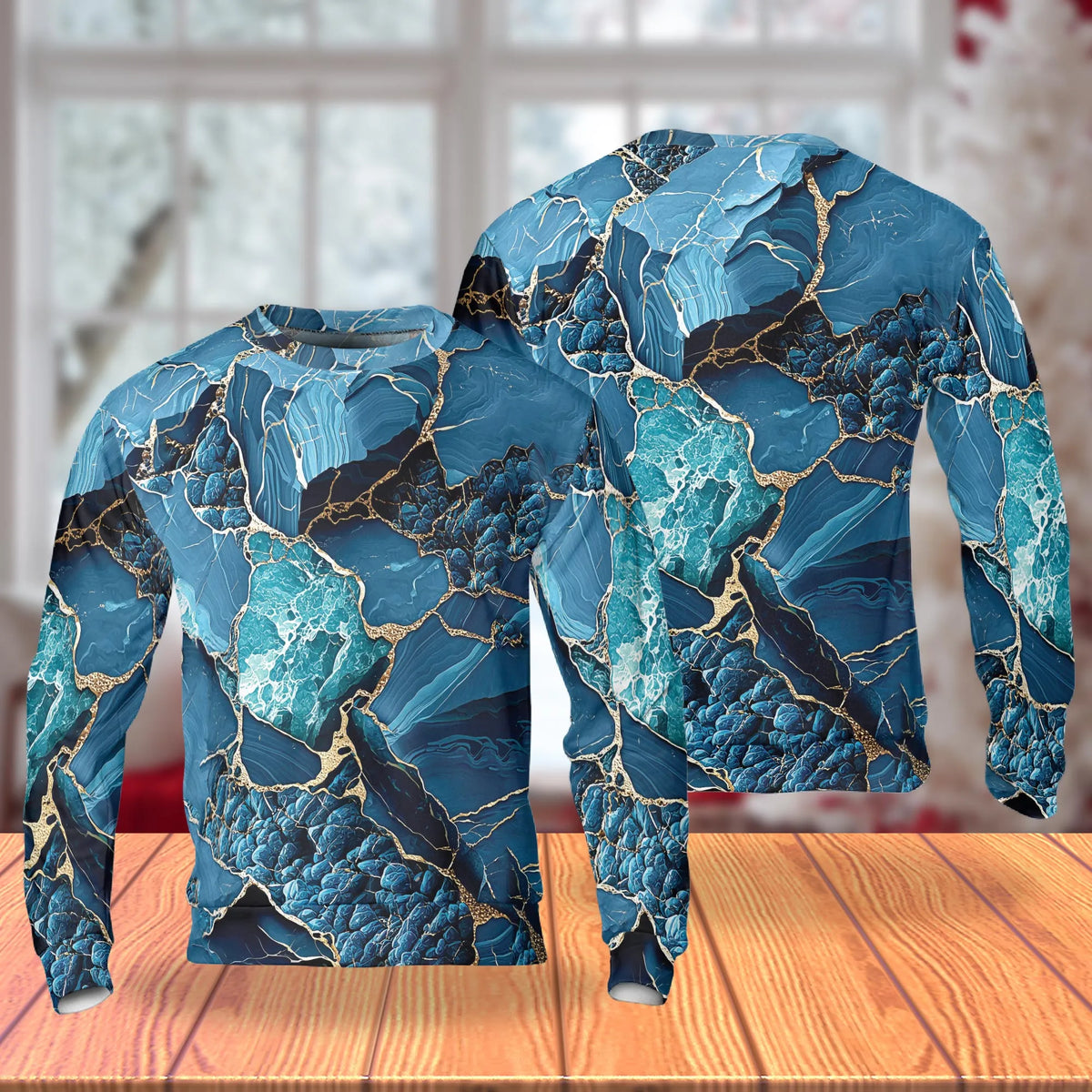 Blue Gold Liquid Marble Sweatshirt – Colorful Graphic 3D All Over Print Design