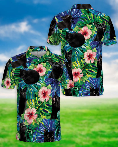 Black Cat Tropical Hibiscus 3D Polo Shirt for Men, Hawaiian Pet Lover Style | Azhawaiian