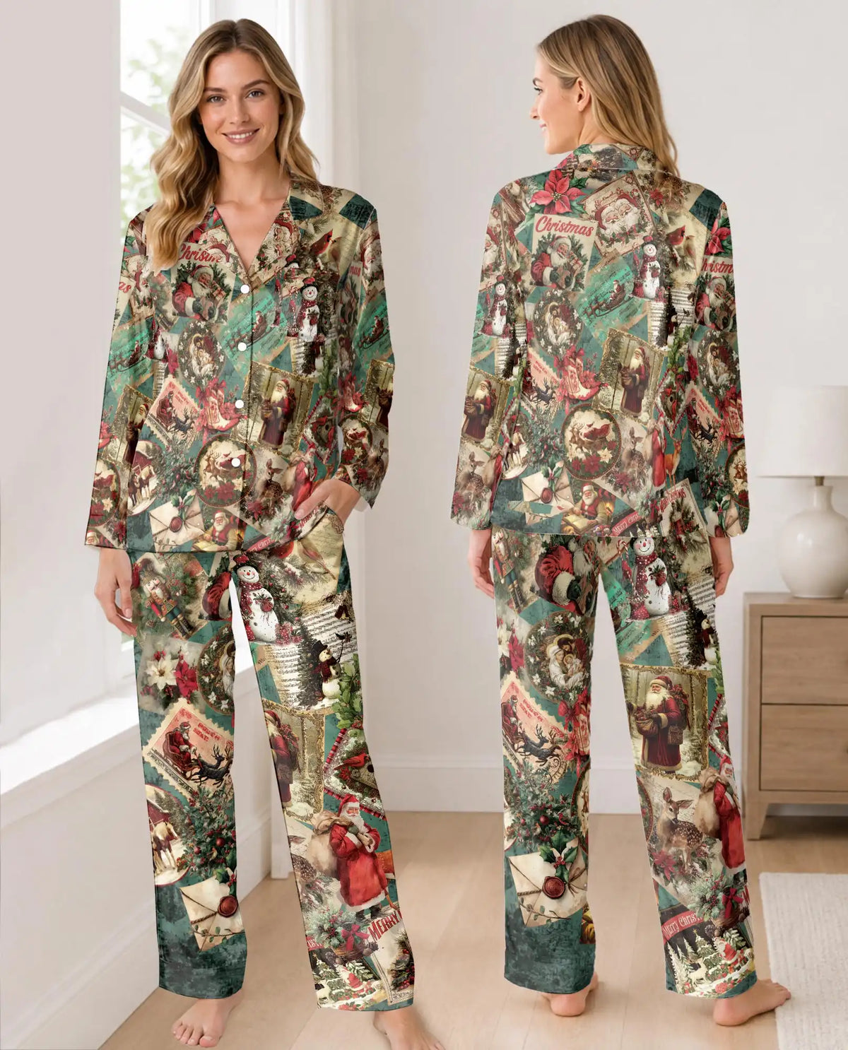 Vintage Christmas Pajama Set for Women, Santa Holiday Sleepwear with Retro Winter Design