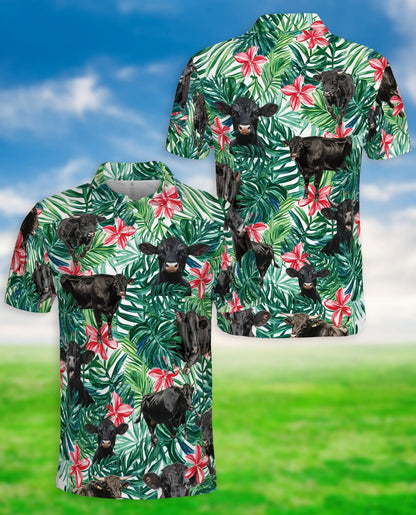 Black Cow Tropical Polo Shirt, Floral Jungle Print | Azhawaiian