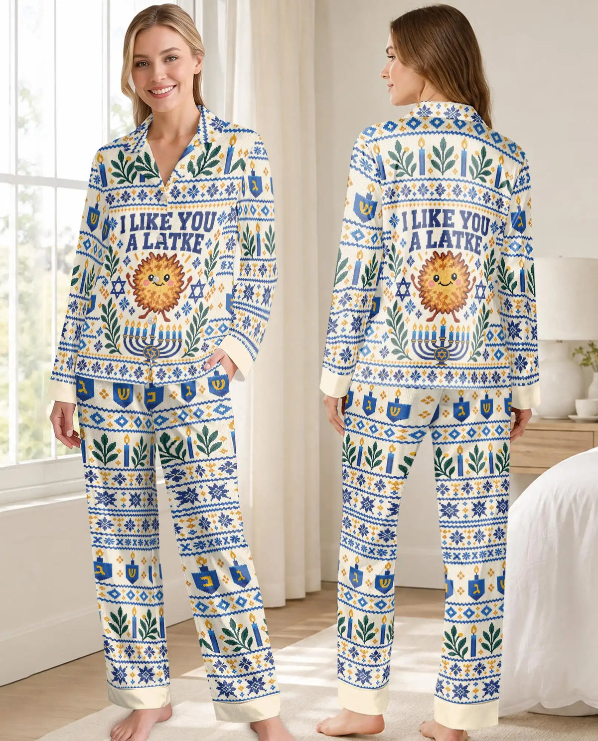I Like You A Latke Hanukkah Pajama Set for Women – Cute Latke & Fair Isle Print
