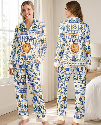 I Like You A Latke Hanukkah Pajama Set for Women – Cute Latke & Fair Isle Print