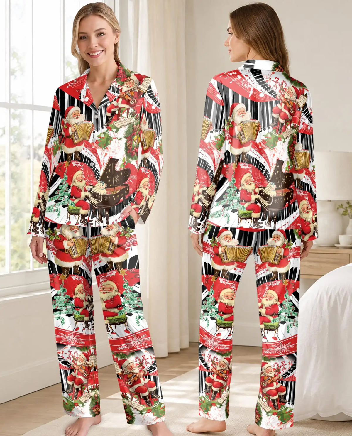 Christmas Santa Piano Pajama Set for Women – Musical Holiday Print