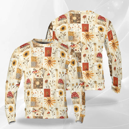 Vintage Patchwork Mushroom and Sunflower Sweatshirt – Vintage 3D All Over Print Design