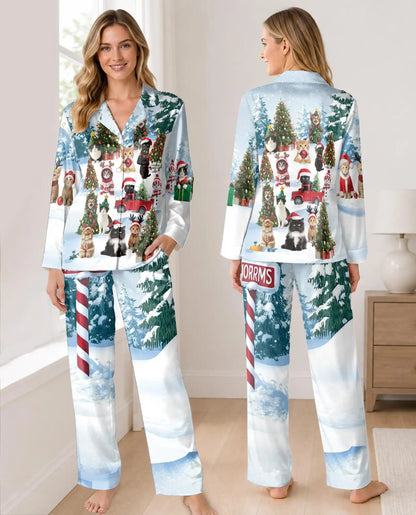 Christmas Cat Pajama Set for Women, Holiday Satin Sleepwear