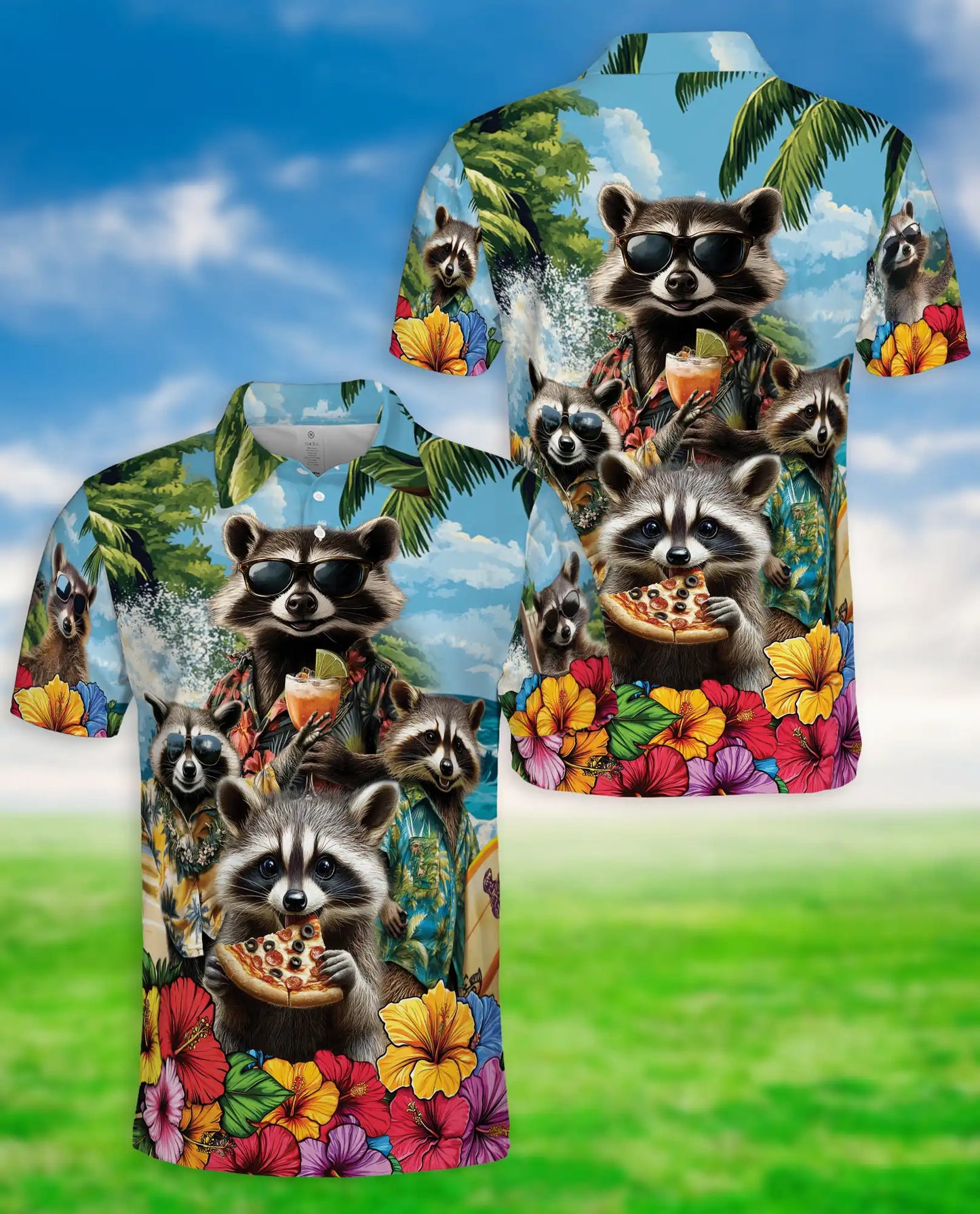 Raccoon Hawaiian Polo Shirt, Funny Tropical Style | Azhawaiian
