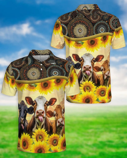 Cow Sunflower Polo Shirt, Rustic Farm Print | Azhawaiian