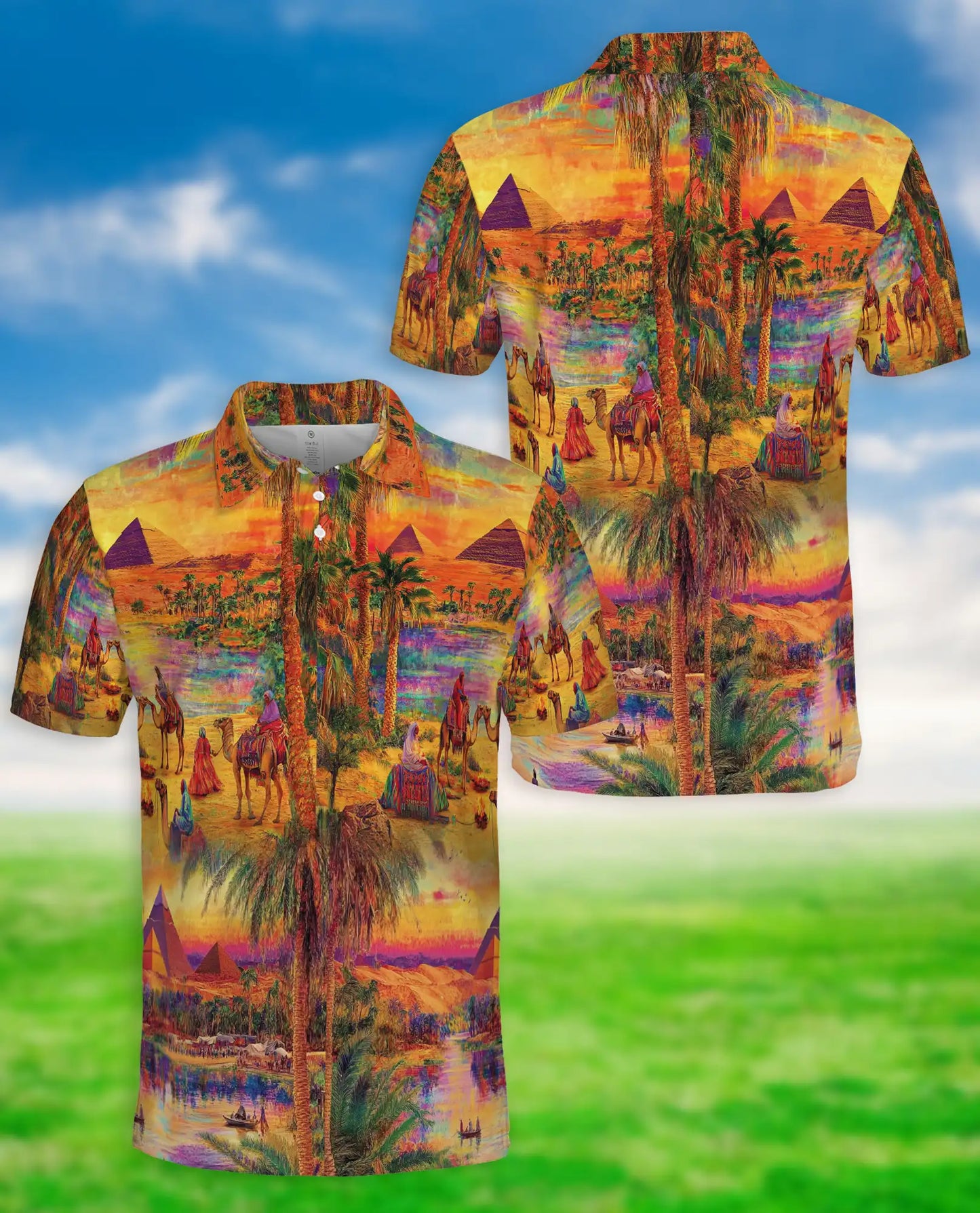 Egyptian Desert Pyramid 3D Polo Shirt for Men, Camel Oasis Travel Style | Azhawaiian