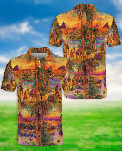 Egyptian Desert Pyramid 3D Polo Shirt for Men, Camel Oasis Travel Style | Azhawaiian