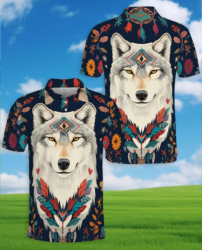 Boho Wolf Polo Shirt - Spirit Animal Nature Style | Azhawaiian