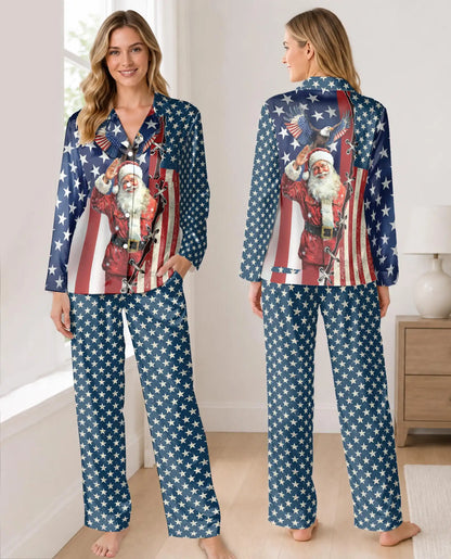 Patriotic Santa Christmas Pajama Set for Women, American Flag Holiday Sleepwear