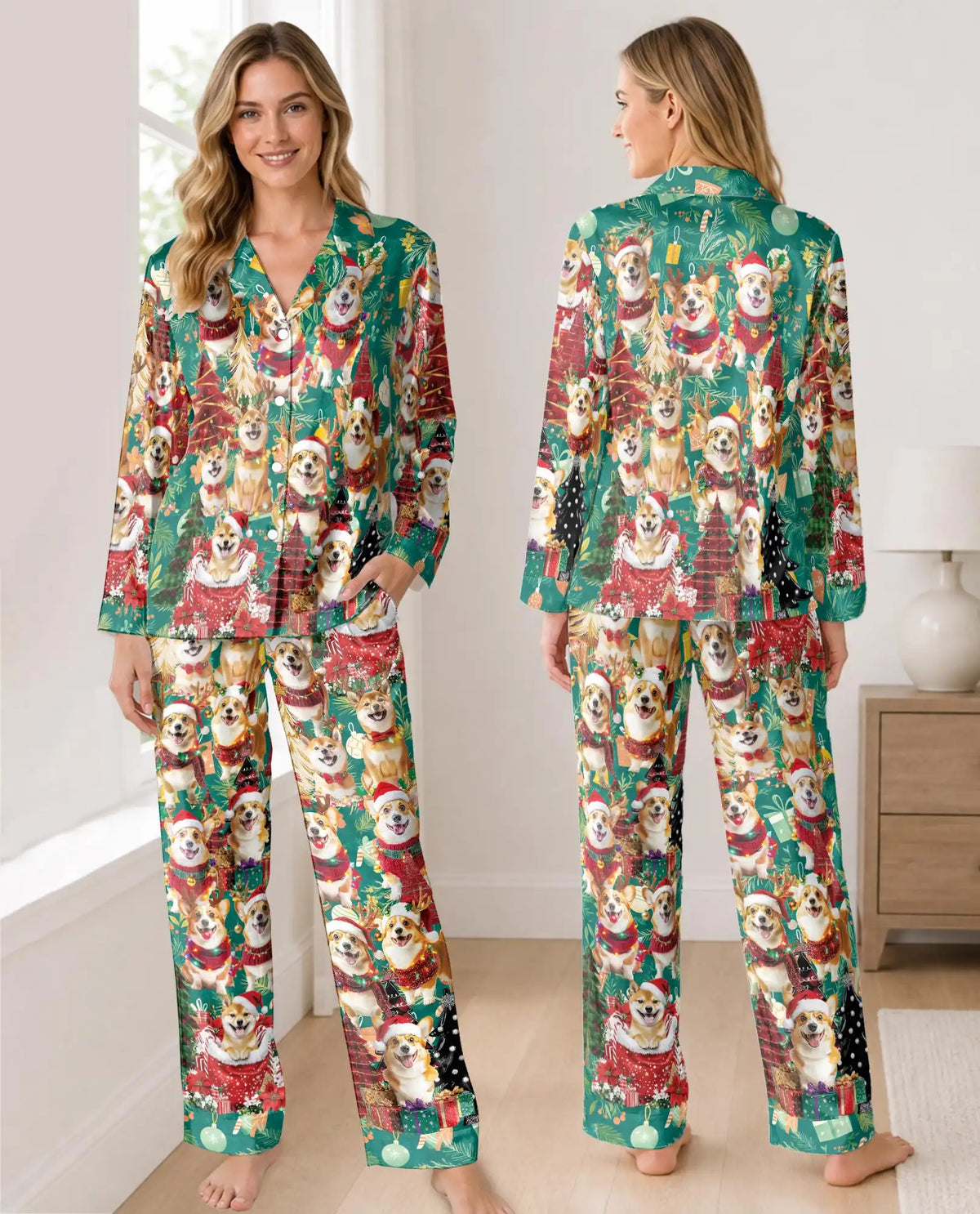 Christmas Corgi Pajama Set for Women – Festive Dog Print