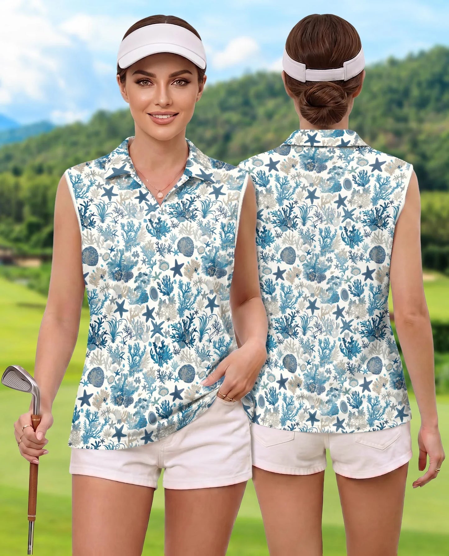 Sea Life Pattern Sleeveless Polo Shirt for Women | Azhawaiian