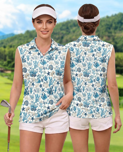 Sea Life Pattern Sleeveless Polo Shirt for Women | Azhawaiian