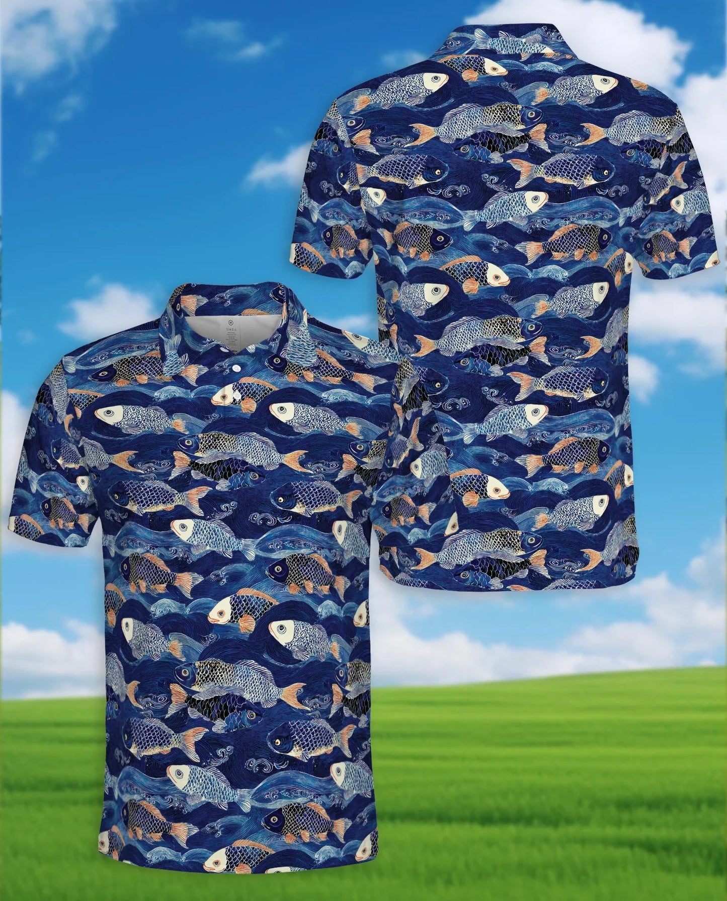 Japanese Koi Fish Pattern Polo Shirt for Men, Traditional Asian Art | Azhawaiian