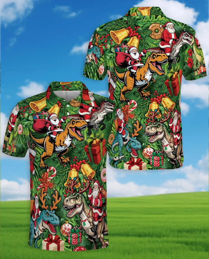 Christmas Dinosaur 3D Polo Shirt for Men, Funny Santa T Rex Holiday Style | Azhawaiian