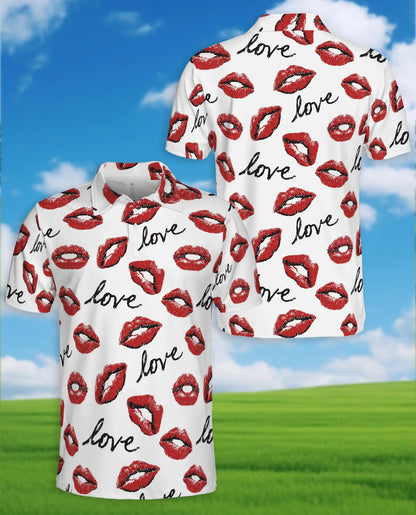 Love Kiss Lips Polo Shirt for Men - Romantic Red Lip Print | Azhawaiian