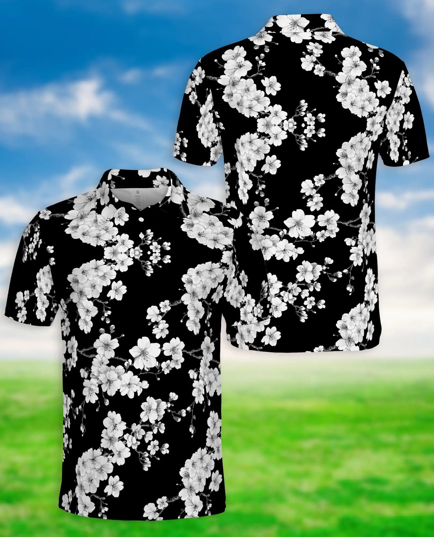 Black White Floral Hawaiian 3D Polo Shirt for Men | Azhawaiian
