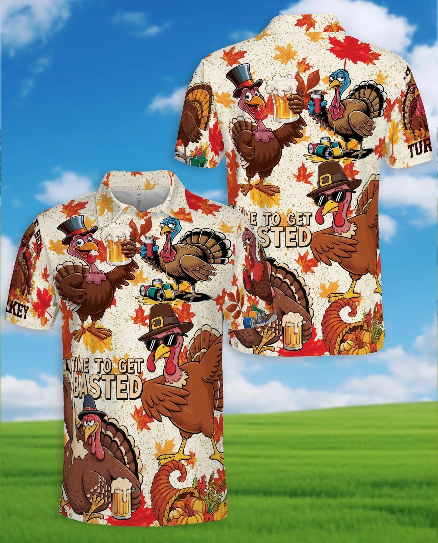 Thanksgiving Turkey Beer Polo Shirt for Men, Funny Holiday Style | Azhawaiian