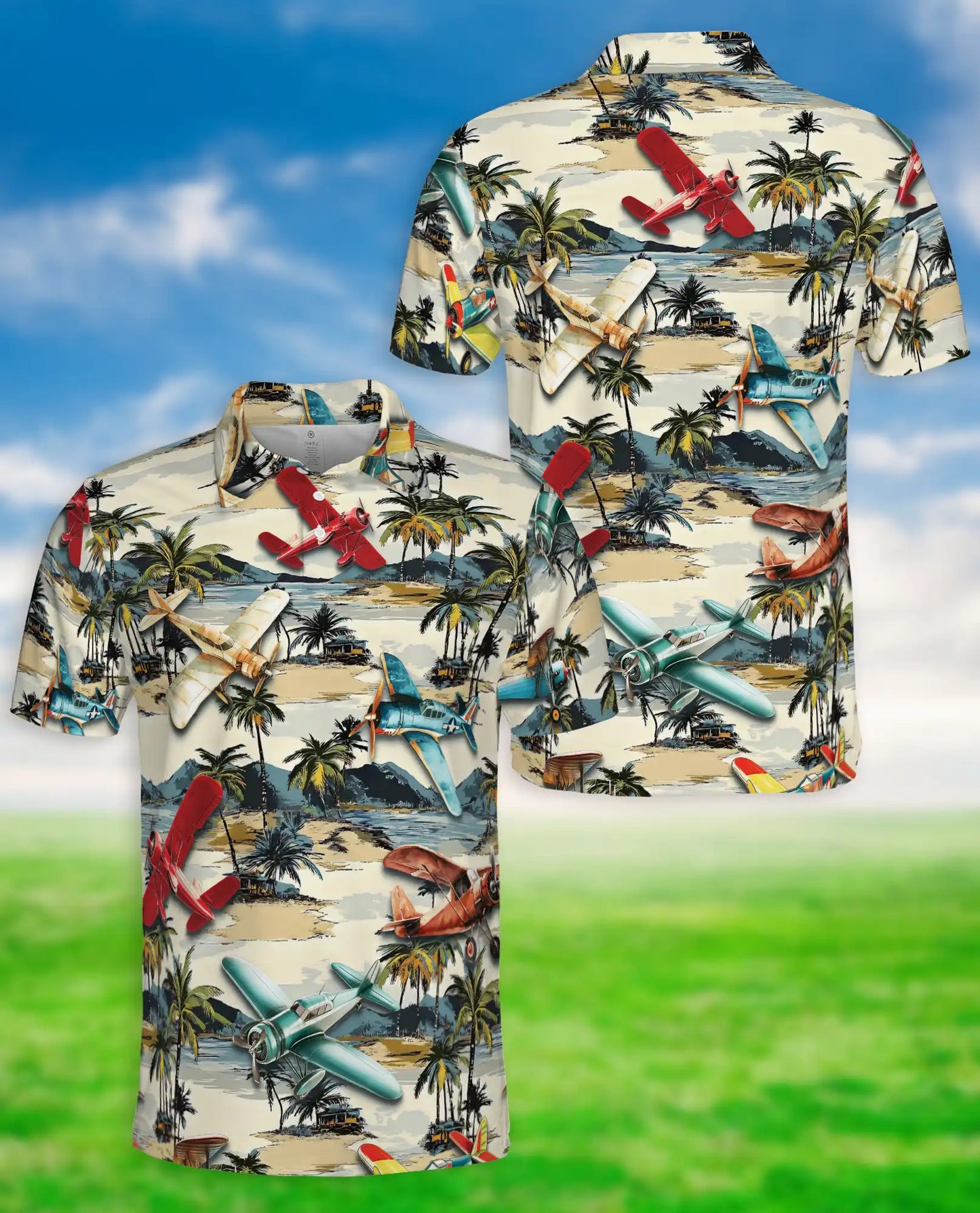 Vintage Airplane Retro 3D Polo Shirt for Men, Tropical Beach Island Style | Azhawaiian