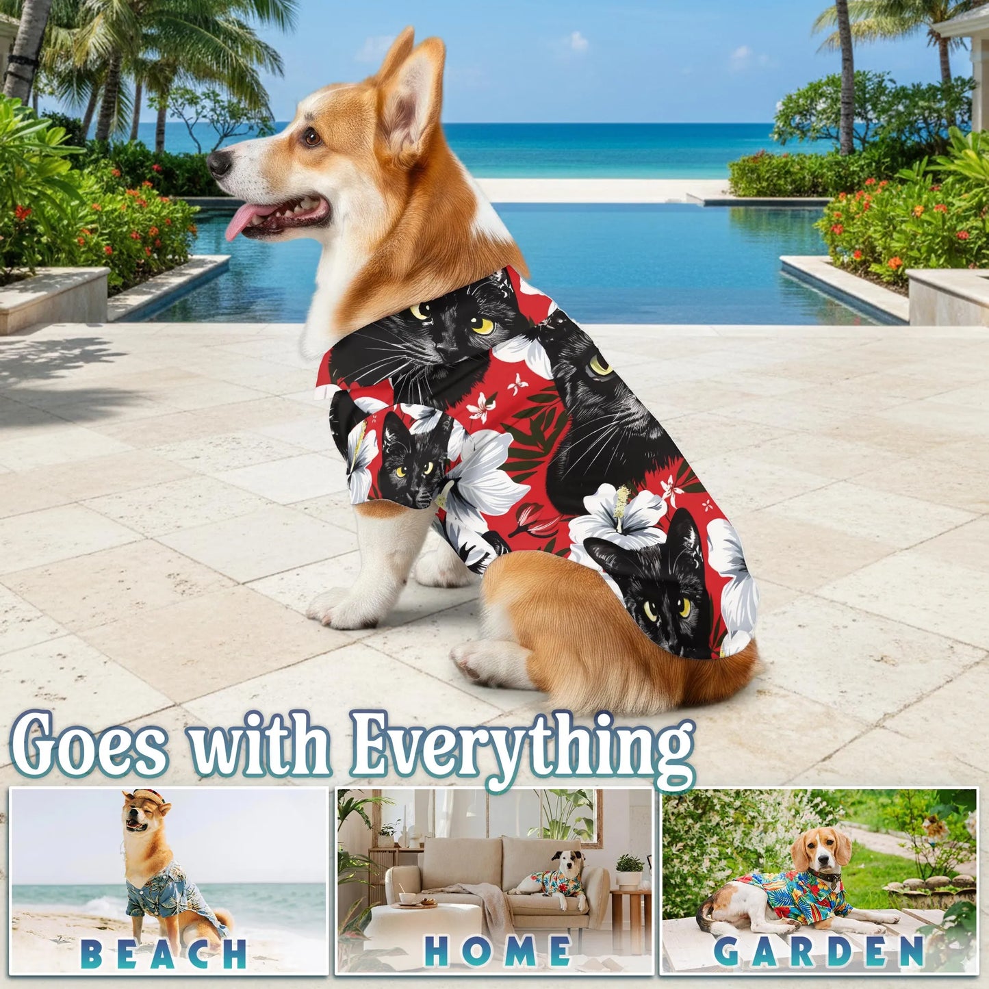 Black Cat Tropical Beach Matching Dog Owner Hawaiian Shirts, Funny Pet Aloha Shirt for Beach Vacation - Azhawaiian