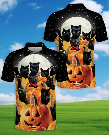 Black Cat Halloween Polo Shirt - Pumpkin Moon Night Style | Azhawaiian