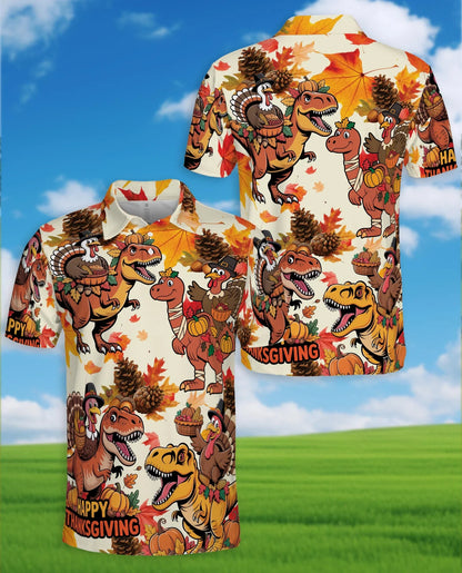 Thanksgiving Dinosaur Turkey Polo Shirt for Men, Funny Holiday Style | Azhawaiian