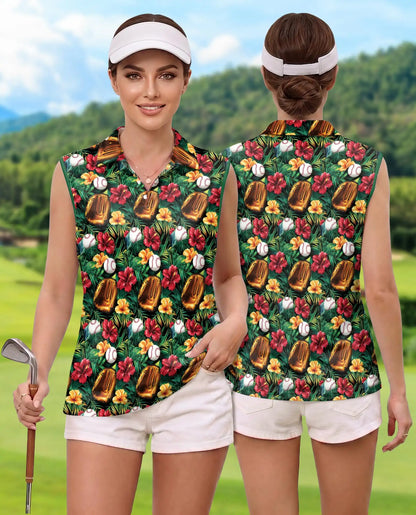 Baseball Glove And Hibiscus Sleeveless Polo Shirt for Women | Azhawaiian