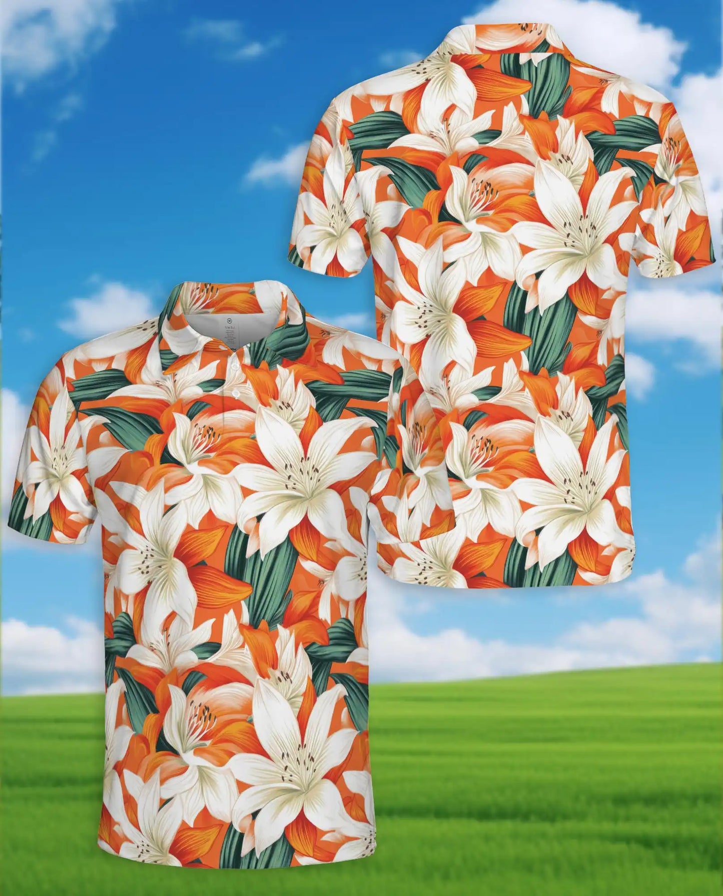 Orange Lily Polo Shirt for Men, Tropical Floral Style | Azhawaiian