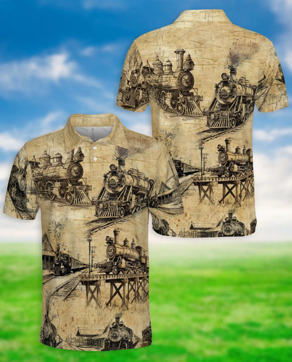 Vintage Steam Train Polo Shirt, Classic Railroad Blueprint Art | Azhawaiian