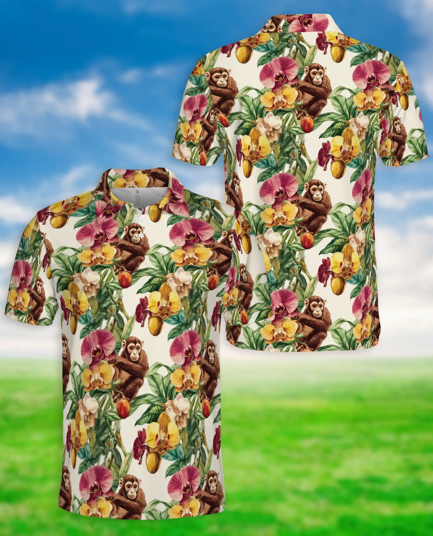 ropical Monkey Polo Shirt, Orchid Floral Print | Azhawaiian