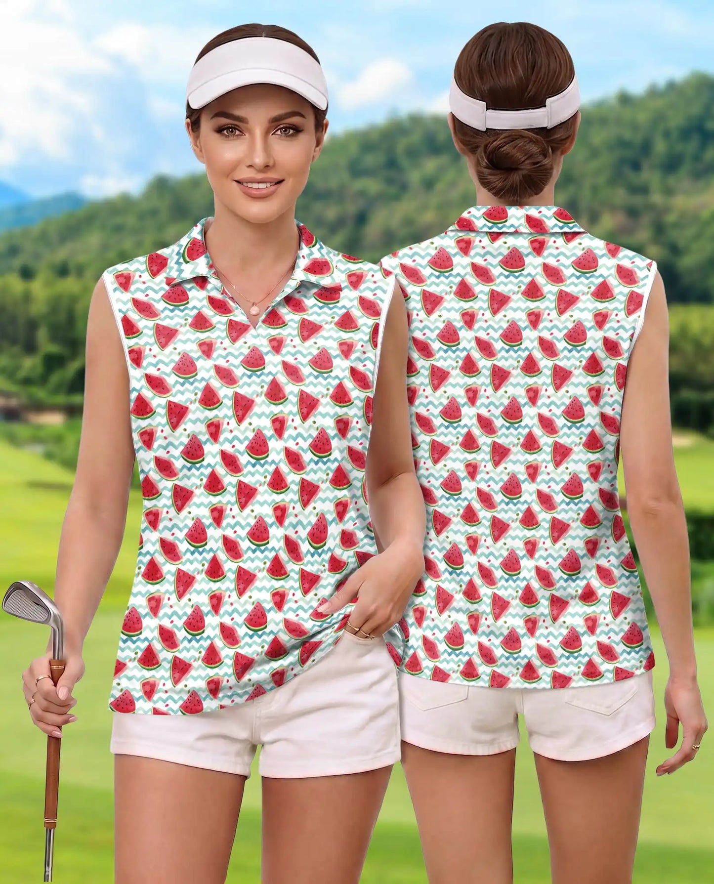 Watermelon Chevron Pattern Sleeveless Polo Shirt for Women| Azhawaiian