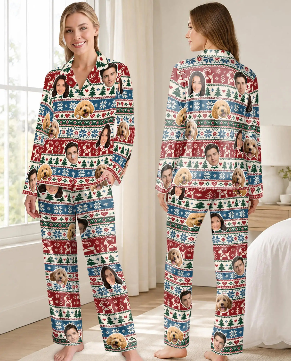 Personalized Christmas Reindeer Pajamas for Women – Custom Face & Pet Photo Fair Isle Print