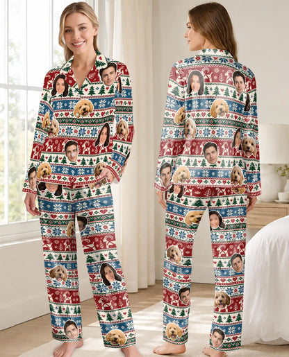 Personalized Christmas Reindeer Pajamas for Women – Custom Face & Pet Photo Fair Isle Print