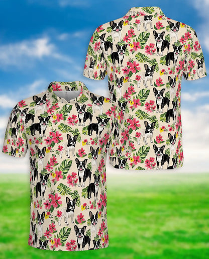 Boston Terrier Tropical Polo Shirt, Floral Dog Print | Azhawaiian
