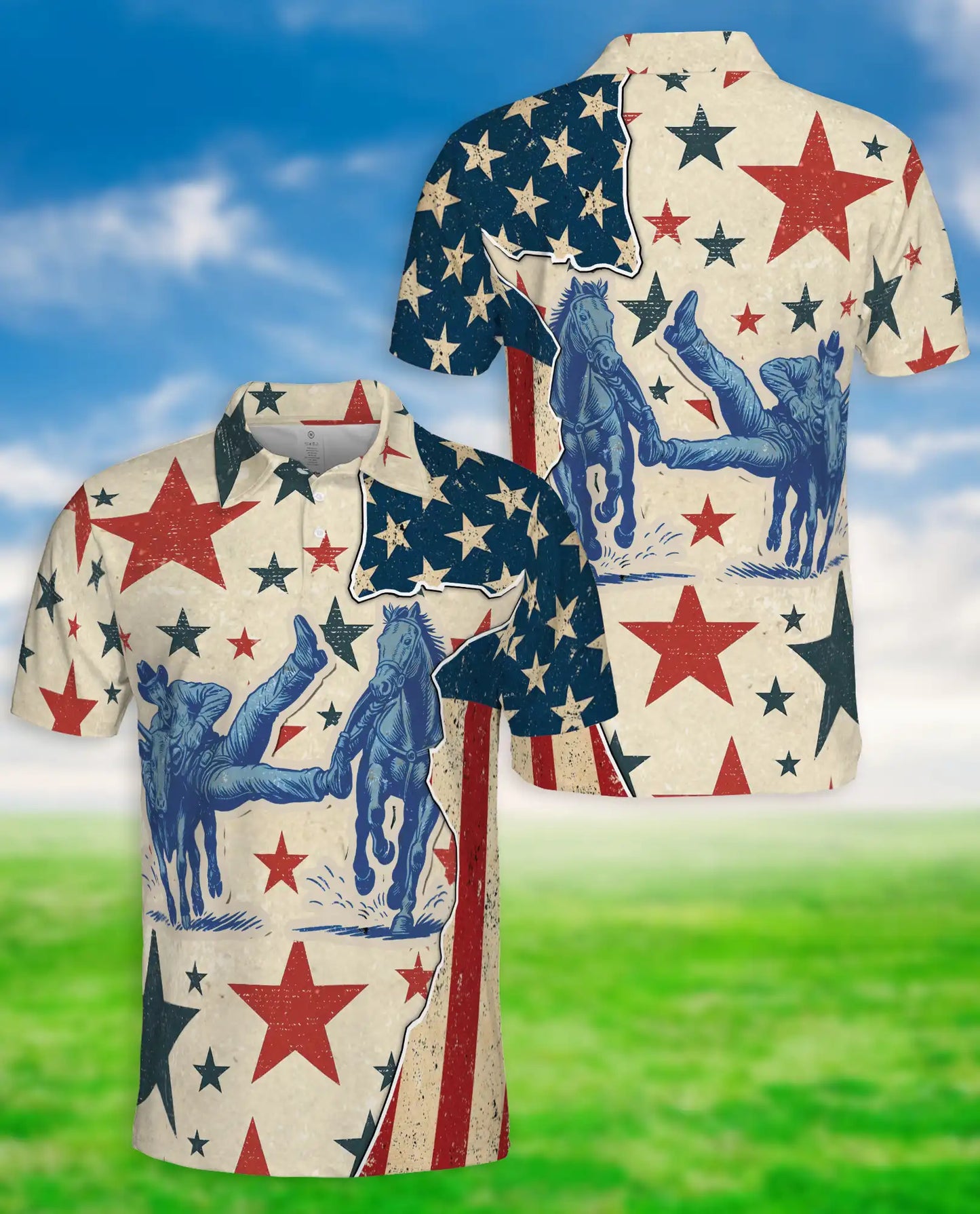Vintage Cowboy Rodeo Polo Shirt Patriotic Western Stars Print | Azhawaiian